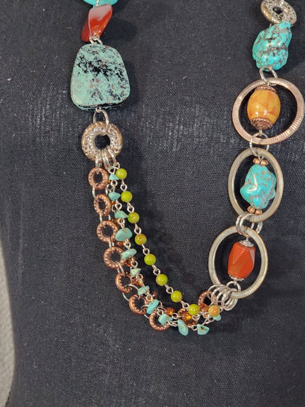 Chico's Multi Stone Multi Metal Circles 36" w/Extender Turquoise Copper Necklace - Picture 3 of 16